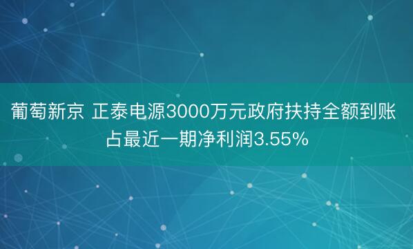 葡萄新京 正泰电源3000万元政府扶持全额到账 占最近一期净利润3.55%